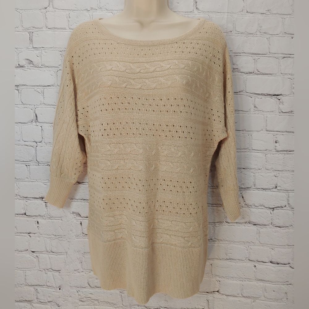 New York & Co Women's Size Medium Beige Crotcheted Eyelet Sweater - Picture 1 of 8